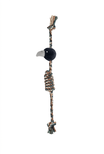 Naomi Plush Toy with Rope YT130880, multicolored braided rope with black plush bird head on white background