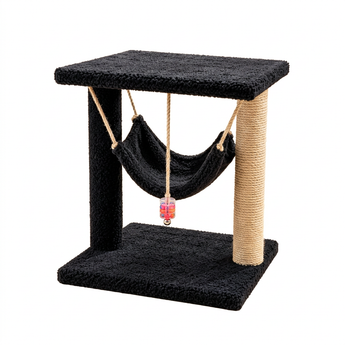 Koda J-29 black cat tree with upper platform, suspended hammock, beige wrapped post and hanging toy on white background