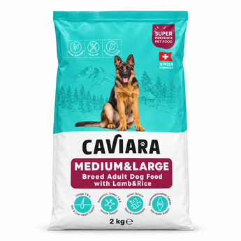 Caviara Medium and Large Breed Adult Dog Food with Lamb and Rice 2 kg bag on white background