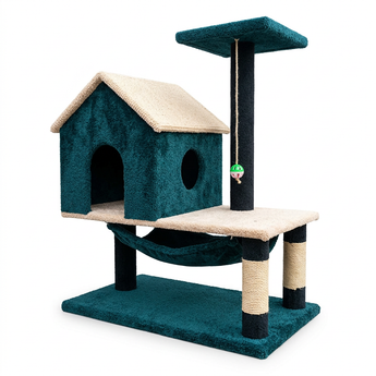 Cat Castle K-30 teal and cream cat tree with roofed house, upper perch, hammock and wrapped posts on white background