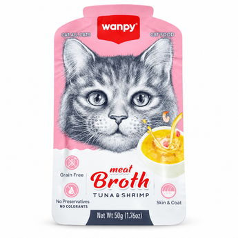 Wanpy Meat Broth Tuna and Shrimp 50g pouch on white background