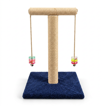 Zola G-26 T-shaped rope-wrapped cat scratching post with two hanging toys and dark blue base on white background