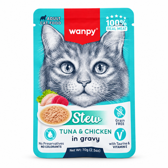 Wanpy Stew Tuna and Chicken in Gravy adult cat food 70g on white background