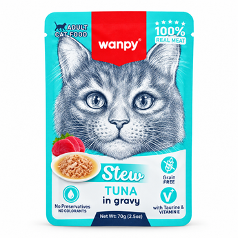 Wanpy Stew Tuna in Gravy adult cat food 70g on white background