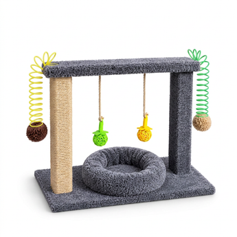 Skylo D-23 gray cat play stand with round bed, wrapped post, hanging balls and coil-style toys on white background