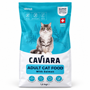 Caviara Adult Cat Food with Salmon 1.5 kg bag on white background