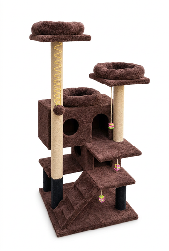 Paradise E-24 brown multi-level cat tree with enclosed house, raised-edge beds, wrapped posts and hanging toys on white background