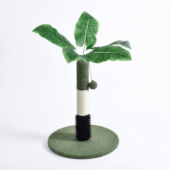 Naomi YS133261 WE-325 plant-style cat scratching post with green leaves, sisal rope, black brush and hanging ball on white background