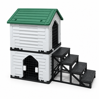 Himalaya gray and white two-story plastic cat house with green roof and black external stairs