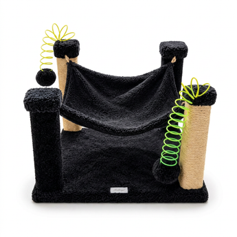 Yoyo I-28 black cat hammock with wrapped scratching posts and green coil-style toys on a white background