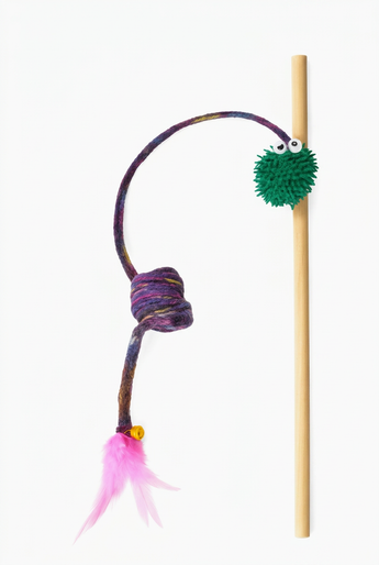 Naomi Catnip cat wand toy WE-308 with multicolored cord, green character ball and pink feathers on white background