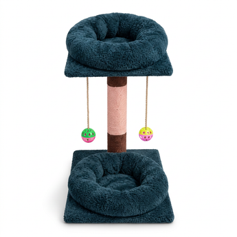 Hoppy A-20 two-level cat tree with dark teal beds and two hanging balls on white background
