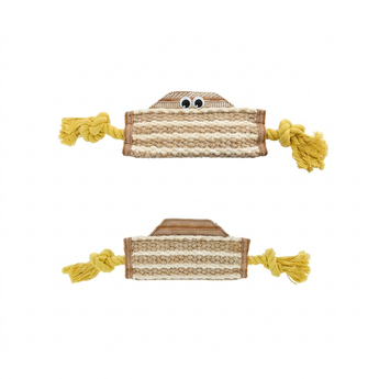 Naomi Bengal Jute Tuff Toy YT133790 with beige woven body and yellow rope ends, front and reverse views on white background
