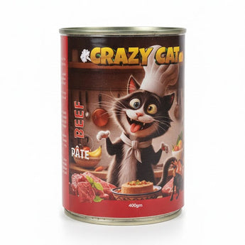Canned cat food with 'Crazy Cat' branding on a white background