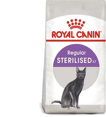 A package of Royal Canin Sterilised Dry Food for Cats with a picture of a black cat on the front, highlighting weight management and urinary health benefits.