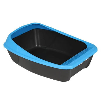 Black pet litter box with blue rim on a white background