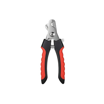 Pair of black and red nail clippers on a white background
