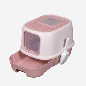 Pink pet litter box with transparent sides on a white background