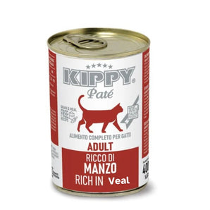 Kippy Páté cat food can with red and white label on a white background