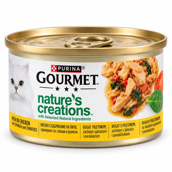 Purina Gourmet Nature’s Creations Chicken with Spinach and Tomatoes wet cat food can on white background
