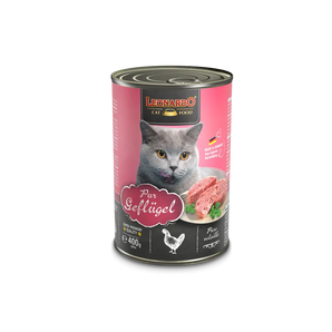 A can of Leonardo Pure Poultry cat food featuring an image of a cat and poultry meat, with a pink label.