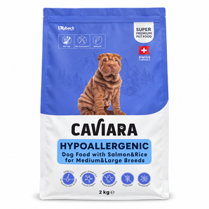 Caviara Hypoallergenic Dog Food with Salmon and Rice for Medium and Large Breeds 2 kg on white background