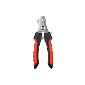 Pair of black and red nail clippers on a white background